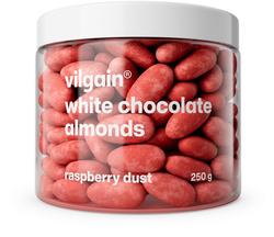 Vilgain Mandle v čokoláde – biela čokoláda v malinovom prášku 250 g